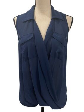 Poetry Navy Draped Sleeveless V-Neck Blouse
